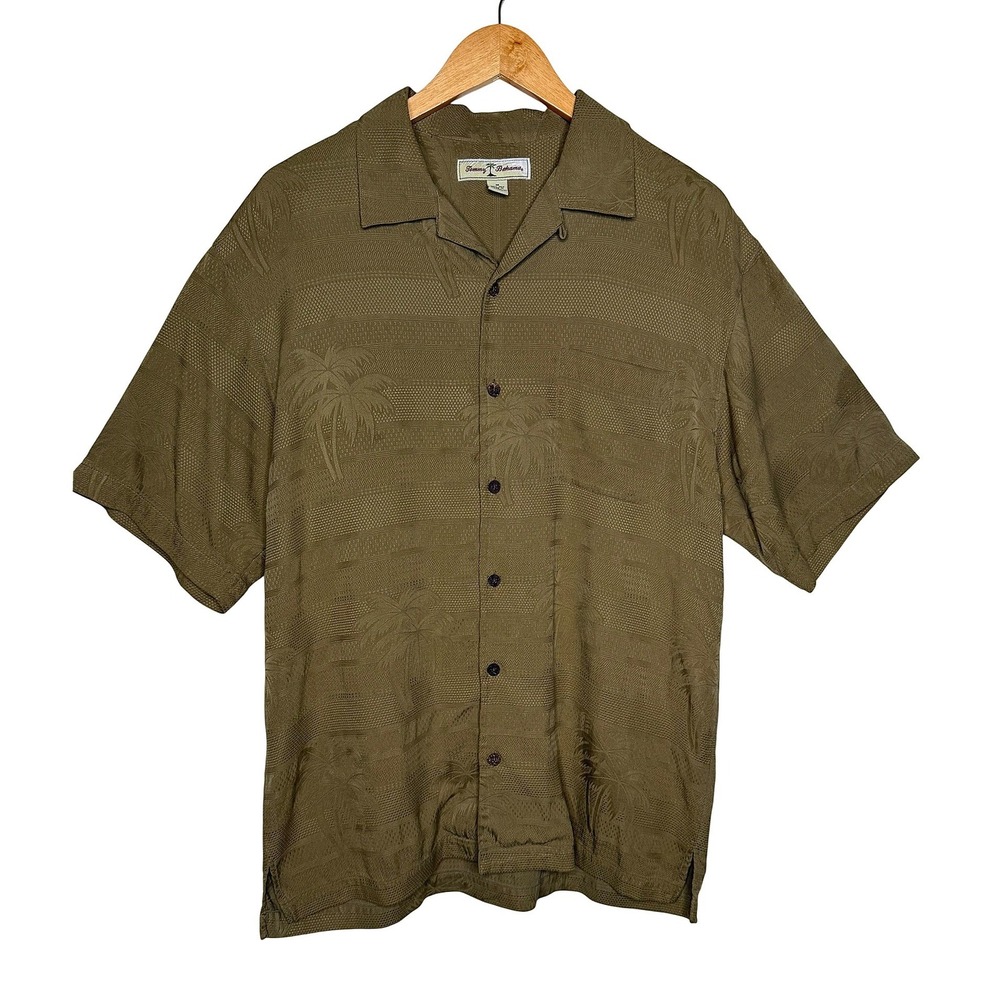 Tommy Bahama Mens Medium Olive Green Woven Textured Silk Palm Resort Shirt Beach